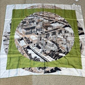 100% Silk Scenic Cityscape Square Scarf Green Ivory Architectural Print